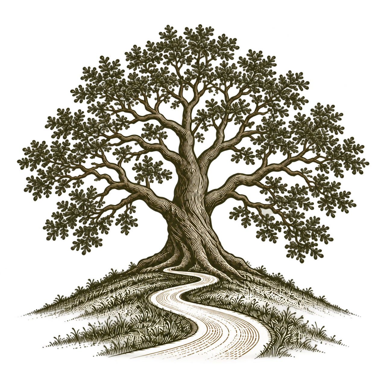 An oak tree with a winding road leading to it